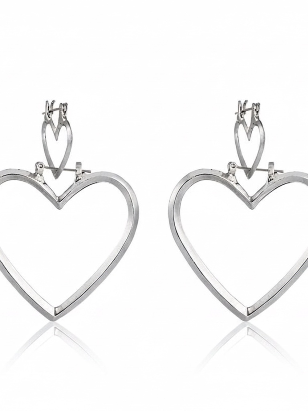 Womens Silver Hoop 2-in-1 Heart Earrings